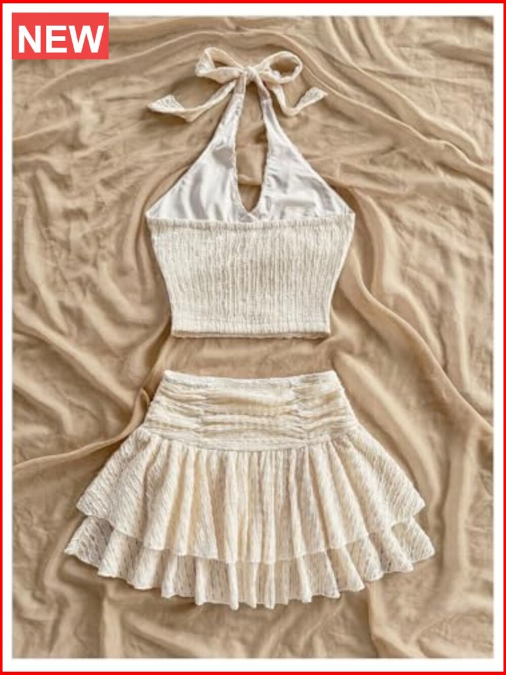 2 Piece Beach Vacation Outfit Ruched Halter Crop Top Ruffle Mini Skirt Set - Picture 2 of 5